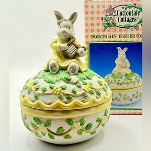 Cottontale Cottages Vintage Easter Egg Bunny Bisque Porcelain Trinket Box 5.5”